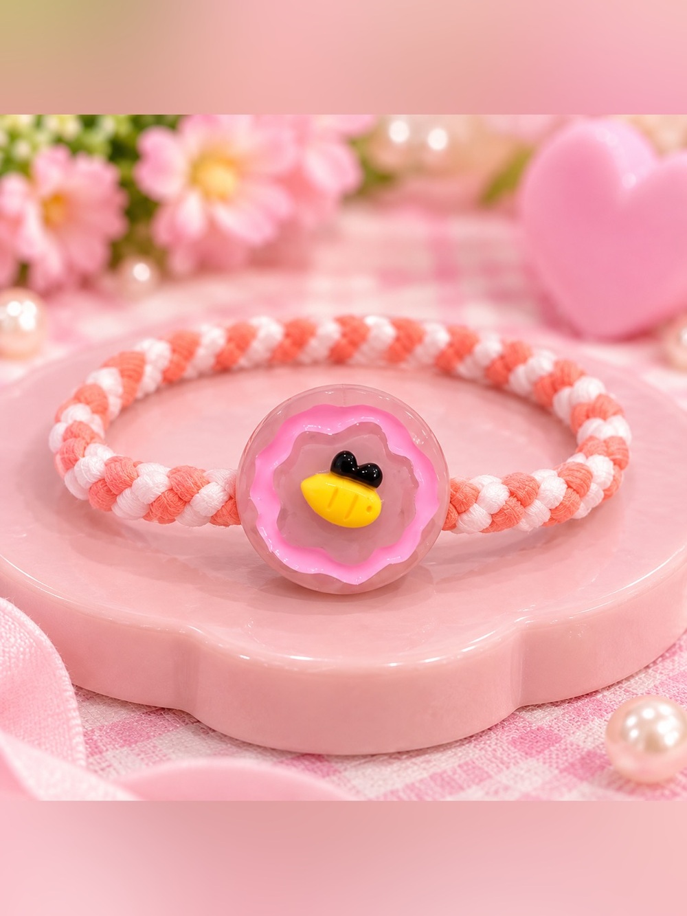 Cute Yellow Duck Charm Pink White Braided Friendship Bracelet Party Favor NWT